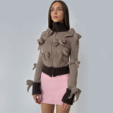 Amazon Foreign Trade Contrast Color High Neck Sweater Cardigan Women's Autumn Coat Bow Design Feeling Slim Fit Zipper Top Women's