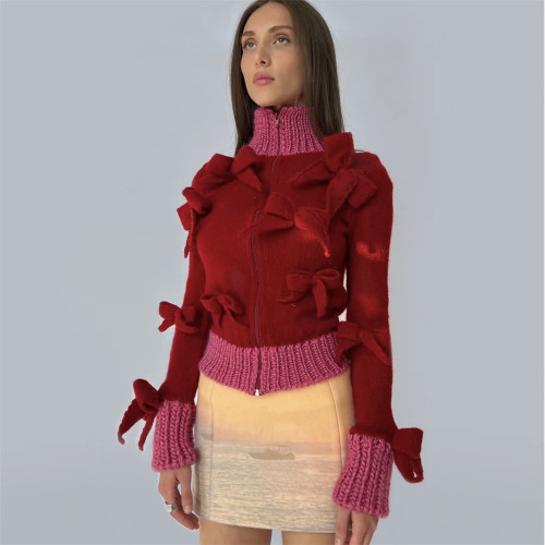 Amazon Foreign Trade Contrast Color High Neck Sweater Cardigan Women's Autumn Coat Bow Design Feeling Slim Fit Zipper Top Women's