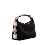 Xiaohongshu, internet celebrity, same style handbag with diamond inlaid pearl satin surface lunch box bag, summer small bag, dinner bag, handbag for women