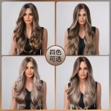 Amazon Foreign Trade Cross border New Mid Split Long Curly Hair Gradient Brown Spot Dyed European and American Chemical Fiber Wig Full Head Set