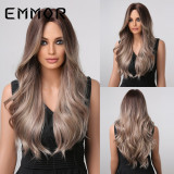 Amazon Foreign Trade Cross border New Mid Split Long Curly Hair Gradient Brown Spot Dyed European and American Chemical Fiber Wig Full Head Set