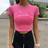 Amazon Cross border Short Naked Spicy Girl Top for Women's Outwear Spring and Autumn Slim Fit Barbie Letter Printed Short sleeved T-shirt