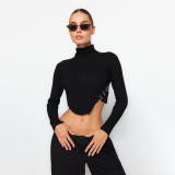 Cross border short hot and spicy style slim fit top for women with spicy style, wearing high necked irregular knitted long sleeved T-shirts for women with spicy girls
