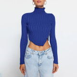 Cross border short hot and spicy style slim fit top for women with spicy style, wearing high necked irregular knitted long sleeved T-shirts for women with spicy girls
