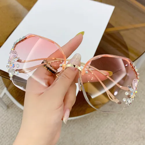 New Fashion Luxury Rhinestone Sun Glasses Female Shades Rimless Gradient Sunglasses Lunette De Soleil