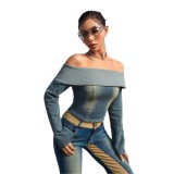American sexy style spicy girl exposed waist denim top, women slim fit, waist collection, long sleeved, short one line neck T-shirt, women's foreign trade