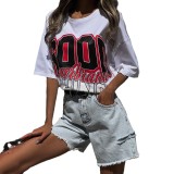 Cross border European and American style contrasting color printed short sleeved T-shirt for women's fashion loose round neck pullover casual style top for women