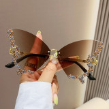 Custom Good Price Butterfly Shaped Sunglasses With Diamonds Metal Temples Women Rimless Uv400 Sunglasses