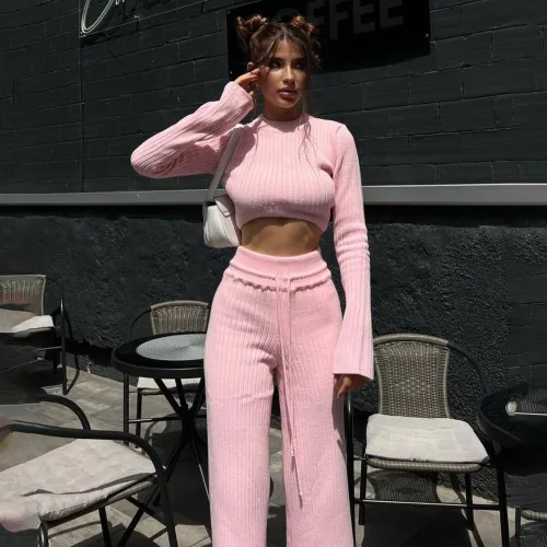 Foreign trade solid color woolen top set, autumn women's thin exposed navel T-shirt, split woolen pants two-piece set for women