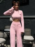 Foreign trade solid color woolen top set, autumn women's thin exposed navel T-shirt, split woolen pants two-piece set for women