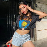 Cross border Foreign Trade Hot Spicy American Metal Ring Top for Women Spicy Girl, Versatile for Outwear, Sexy Naked Short Sleeve T-shirt for Women