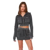 American street cool style distressed hoodie set, autumn fashion women's retro washed lace up short skirt two-piece set