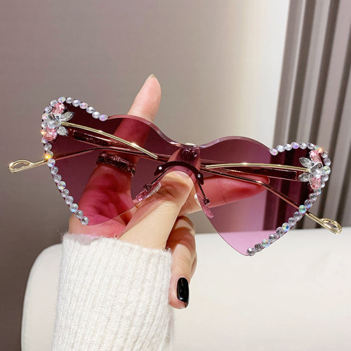 Heart Cat Eye Rimless Rhinestone Latest Gradient Fashion Wholesaler Luxury Women Sunglasses