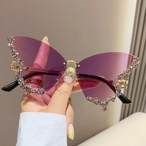 New Rimless Rhinestone Butterfly 2024 Sun glasses With Diamonds Metal Fashion Butterfly Sunglasses Women