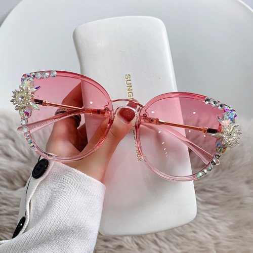 Oversized  Rhinestone Custom Pink Fashion Luxury Womens Manufacturer Shades Vintage Cat Eye Sunglasses Kacamata Hitam