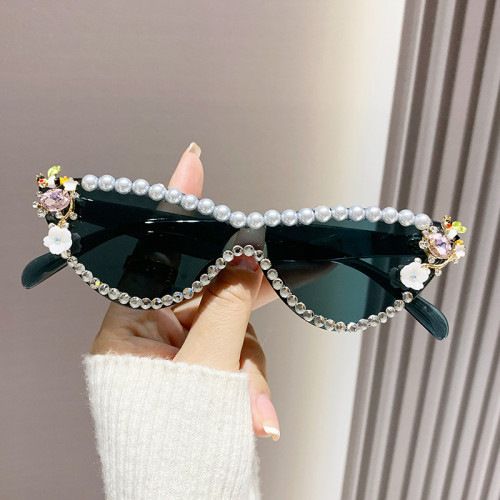 Oculos De Sol Feminino Crystal  Pearl Sunglasses Fashion Colors Lenses Water Diamond Metal Eye Diamond Sunglasses