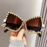 Luxury Designer Frameless Diamond Butterfly Sunglasses Pearl Crystal Y2k Vintage Brand Women Big Sun Glasses Bling Eyewear 2024