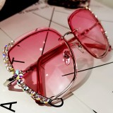 Lunettes De Soleil Mode Diamond Sun Glasses Large Frame Shades Anti UV400 Rhinestone Sunglasses