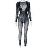 New fashion perspective hollowed out sexy butterfly long sleeved jumpsuit for women's foreign trade in spring and summer