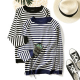 Autumn and winter new women's clothing Korean version minimalist slim fit long sleeved knitted sweater women's round neck black and white striped pullover