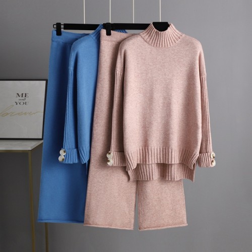 Autumn and Winter Cross border New Knitted Set for Women's Western Style Half High Neck Sweater Thickened Outer Wear Loose Two Piece Set