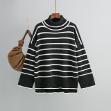 Autumn and winter knitted sweater pullover with contrasting stripes, high necked sweater, loose casual women's clothing, European and American cross-border