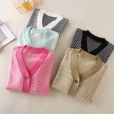 Spring and Autumn New Korean Single breasted Cardigan Women's V-neck Contrast Loose Striped Sweater Coat Long sleeved Top