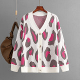 Colored leopard print jacquard cardigan cross-border autumn and winter fashion knitted jacket loose sweater for women