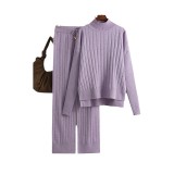 Cross border women's clothing autumn and winter new pit stripe half high necked sweater set solid color loose warm cover two-piece set