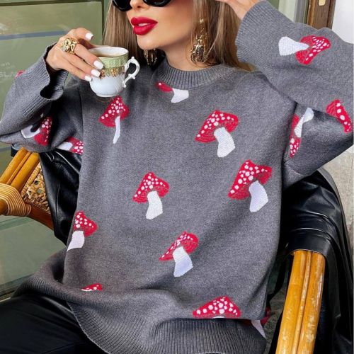 Cross border European and American niche design Instagram style mushroom jacquard sweater women's autumn loose contrasting color pullover sweater jacket