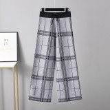 Retro plaid wide leg pants for women in autumn and winter, Korean version of high waisted straight leg pants, loose and thickened knit casual pants for external wear