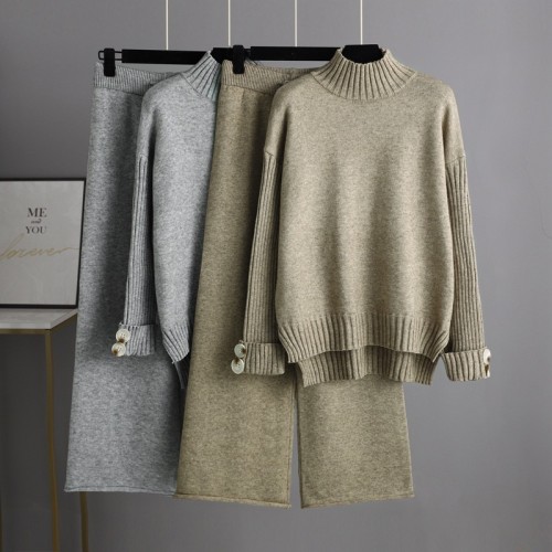Autumn and Winter Cross border New Knitted Set for Women's Western Style Half High Neck Sweater Thickened Outer Wear Loose Two Piece Set