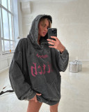 Autumn lazy loose pocket jacket with American street style distressed, washed and tattered letter print hoodie for women
