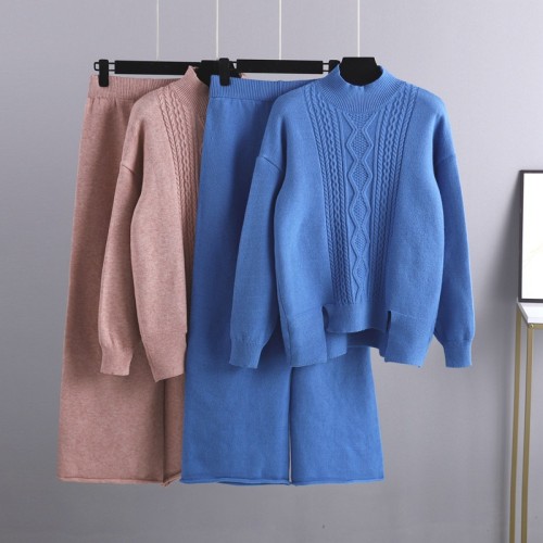 European autumn and winter new slimming knit set for women, thickened and loose high necked sweater, wide leg pants two-piece set, trendy