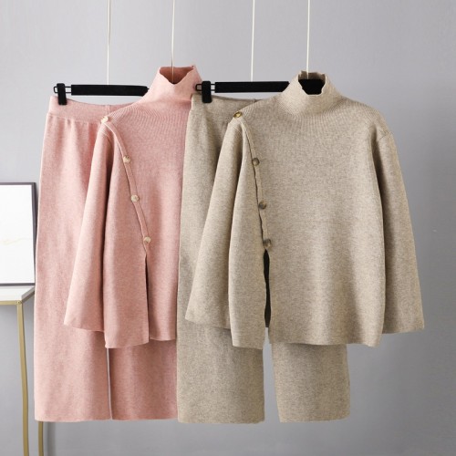 Design sense niche stand up collar split knit high neck sweater for women's winter warmth and age reduction casual wide leg pants two-piece set