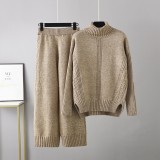 High necked pullover, thickened knitted sweater, casual fashion set, women's autumn and winter loose and lazy style wide leg pants two-piece set