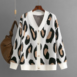 Colored leopard print jacquard cardigan cross-border autumn and winter fashion knitted jacket loose sweater for women
