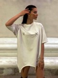 American Love Diamond Short sleeved T-shirt for Women with Irregular Drop Shoulder Hem Design Medium Length Trendy Top for Outwear
