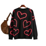 New European and American Cross border Fashion Round Neck Love Contrast Sweater Loose Pullover Knit