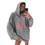 Autumn lazy loose pocket jacket with American street style distressed, washed and tattered letter print hoodie for women