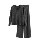 Europe and America fashion wide leg pants sweater women's autumn and winter new two-piece set women's Fried Dough Twists v-neck knitting suit