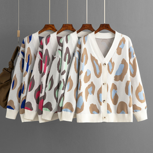 Colored leopard print jacquard cardigan cross-border autumn and winter fashion knitted jacket loose sweater for women