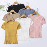 Summer New Ice Silk Knitwear Short Sleeve Pullover Knitted T-shirt Women's Round Neck Tight Short Top Bottom Thin