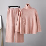 Design sense niche stand up collar split knit high neck sweater for women's winter warmth and age reduction casual wide leg pants two-piece set