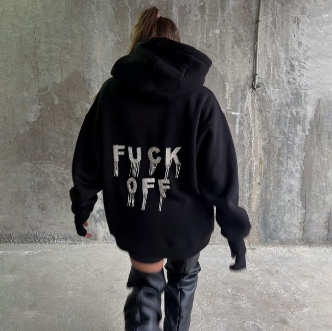Hooded top, European and American style, loose and casual, lazy style jacket, American high street hot diamond letter loose hoodie, women's style