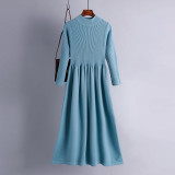 Autumn and winter half high neckline large hem long knitted dress with a slim waist and long sleeves, simple and elegant sweater bottom skirt for women