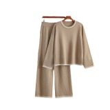 Knitted casual suit, cross-border women's clothing, new contrasting color long sleeved fashion two-piece set for women