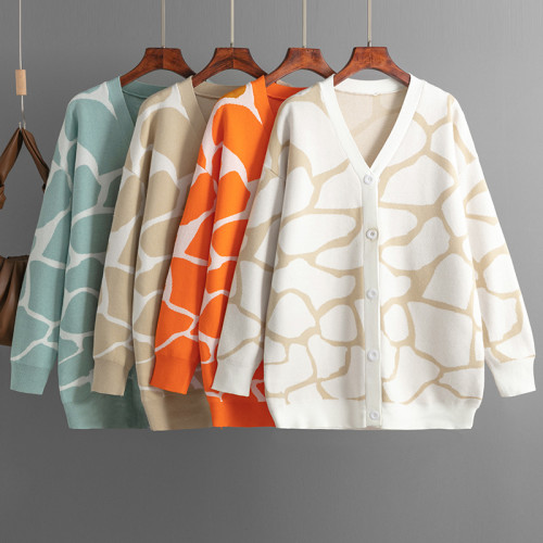 European and American New Women's Cross border Autumn/Winter Jacquard Knitwear V-neck Long Line Pattern Loose Coat