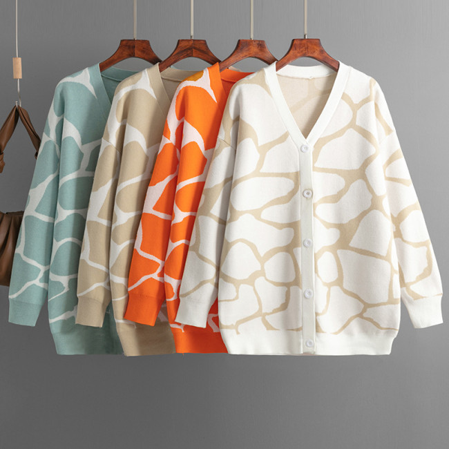 European and American New Women's Cross border Autumn/Winter Jacquard Knitwear V-neck Long Line Pattern Loose Coat