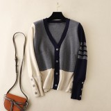 TB Academy Style Classic Knitted Cardigan Women's 1 Autumn V-neck Color Block Thick Long sleeved Sweater Coat